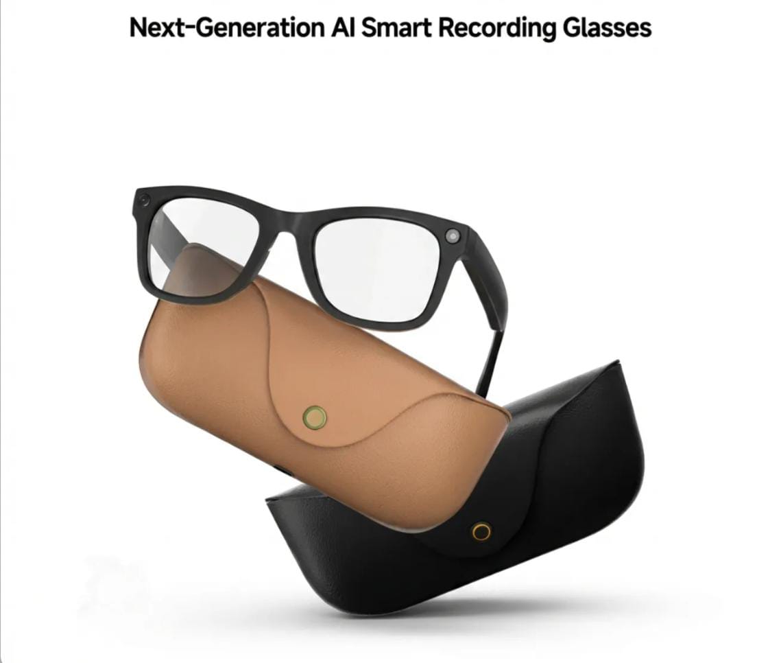 Smart glasses with tan and black carry cases